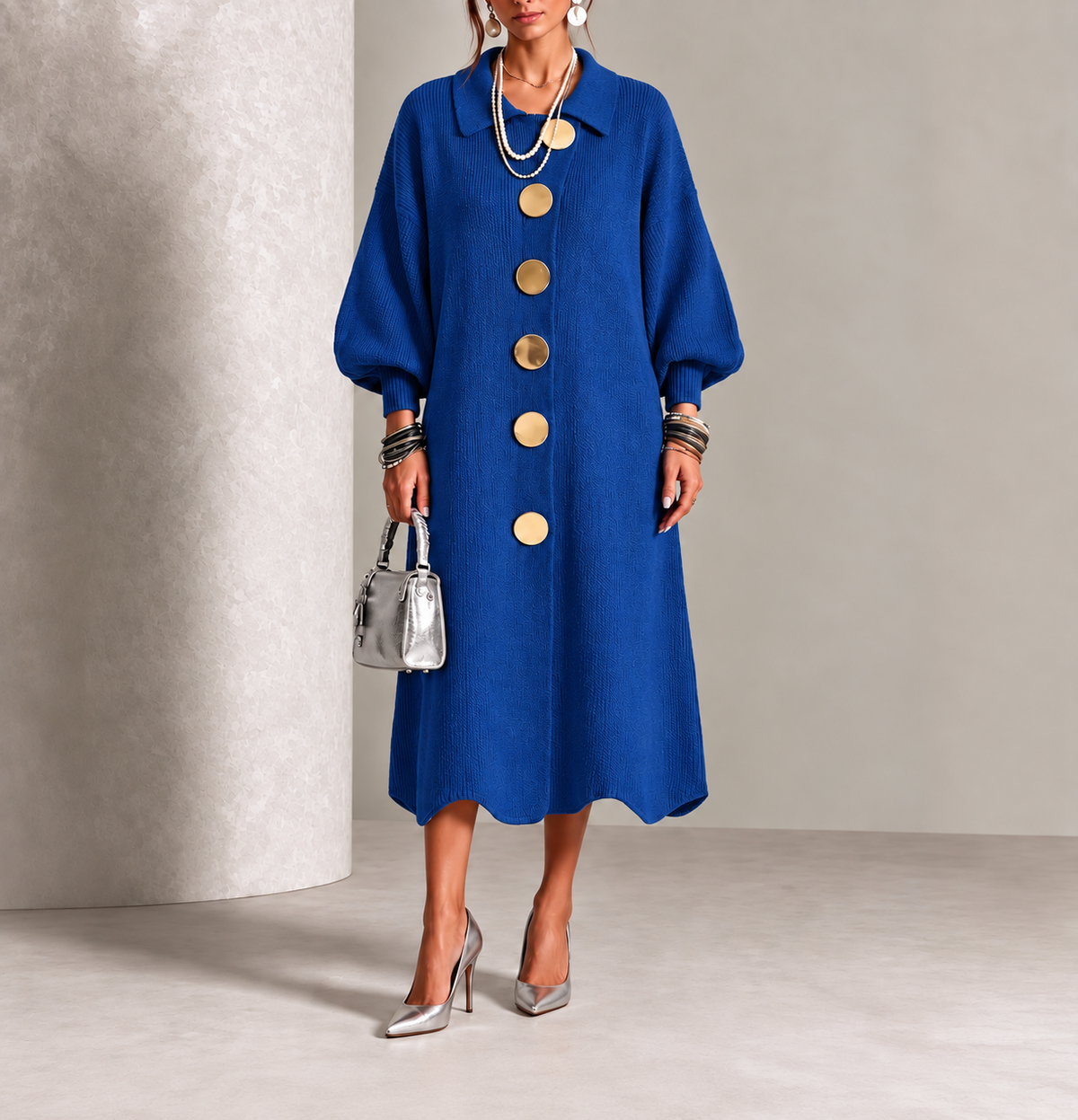 Blue knit button-front midi dress with round neck and puff sleeves, gold buttons