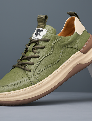 Green leather low-top sneaker with lace-up front and white rubber sole