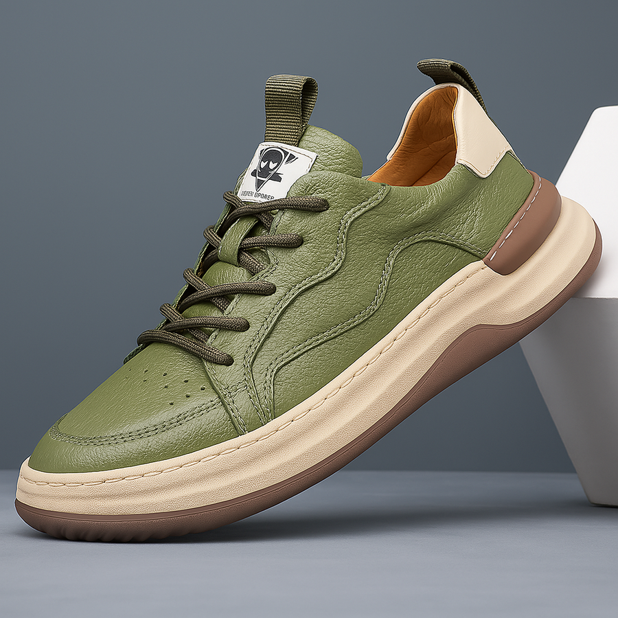 Green leather low-top sneaker with lace-up front and white rubber sole