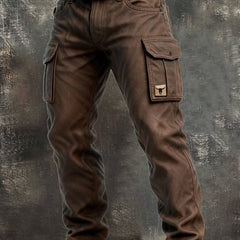 Dark brown insulated utility pants with belt, multiple cargo pockets