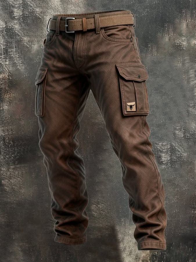 Dark brown insulated utility pants with belt, multiple cargo pockets