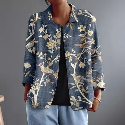 Blue bird-and-flower print blouse with open front and V-neck, 3/4 sleeves