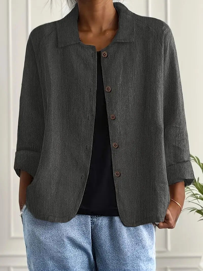 Dark grey crinkle blouse with button-front and notch collar