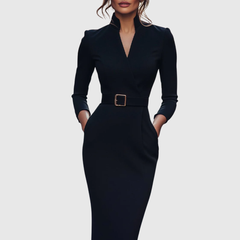 Black fitted midi dress with V-neck, long sleeves, and waist belt with square buckle.