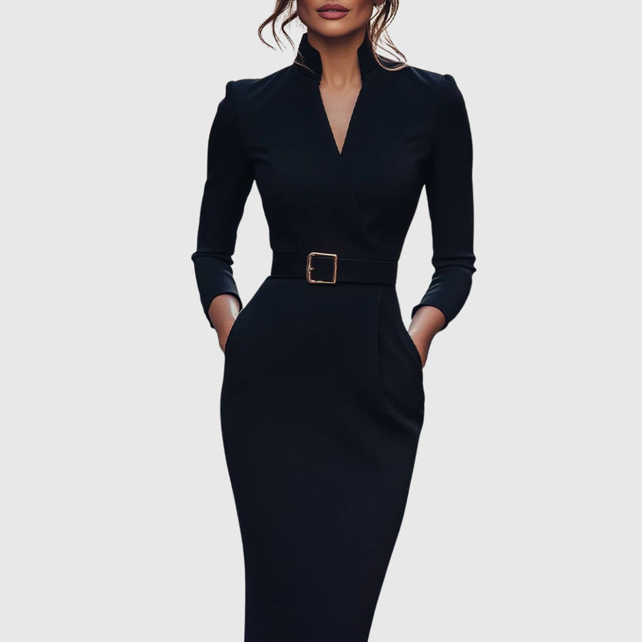 Black fitted midi dress with V-neck, long sleeves, and waist belt with square buckle.