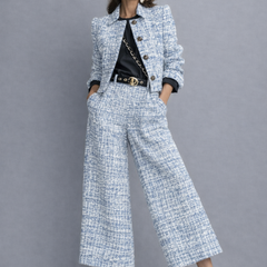 Tweed set with blue blazer and wide-leg trousers, round neckline, gold-buckle belt