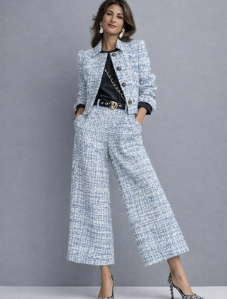 Tweed set with blue blazer and wide-leg trousers, round neckline, gold-buckle belt