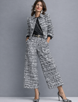 Women's gray tweed blazer and wide-leg pants set with gold buckle detail