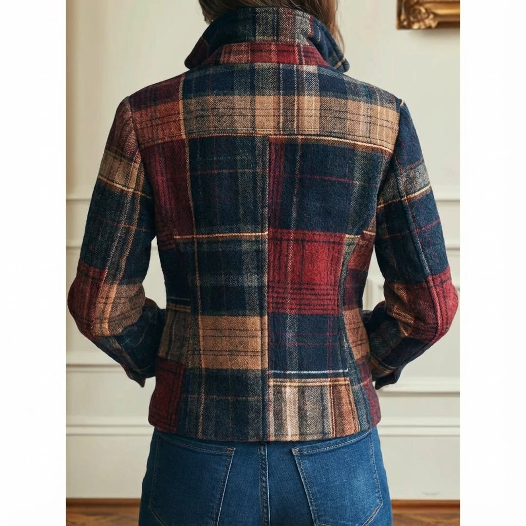 Multicolored plaid jacket, back view with button placket and long sleeves.