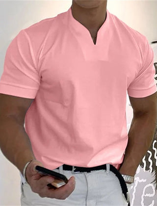 Men's short-sleeve V-neck fitness tee in pink, with front button placket