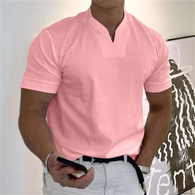 Men's short-sleeve V-neck fitness tee in pink, with front button placket