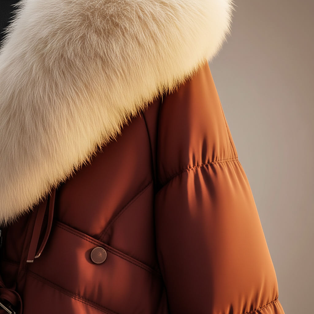 Burgundy puffer coat detail with cream faux-fur trim, snap buttons and zip