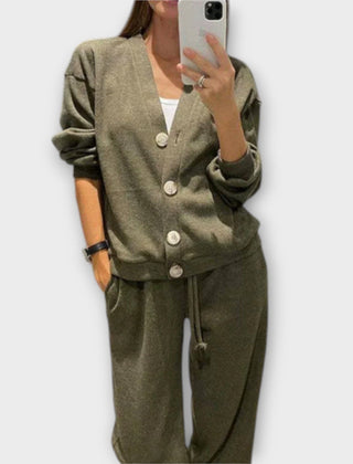 Khaki cardigan and drawstring trouser set, button front with V-neck, long sleeves.