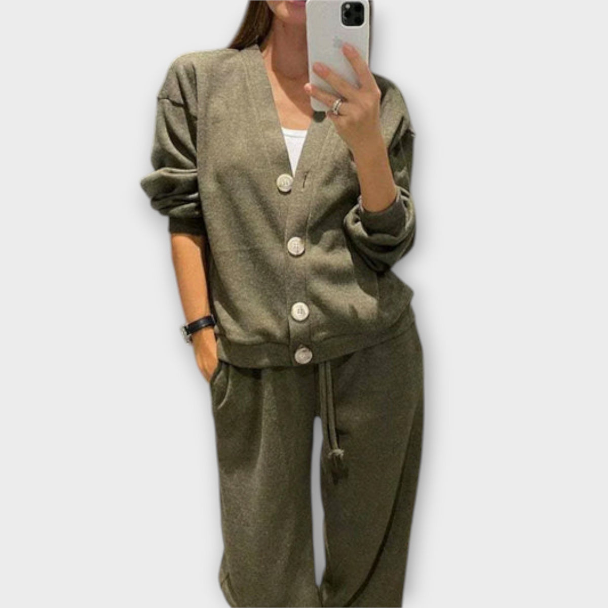 Khaki cardigan and drawstring trouser set, button front with V-neck, long sleeves.