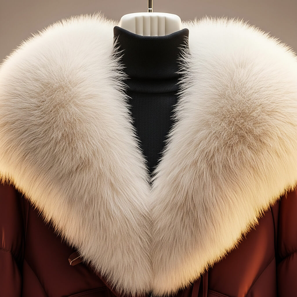 Burgundy puffer coat collar with cream faux-fur trim and center zip