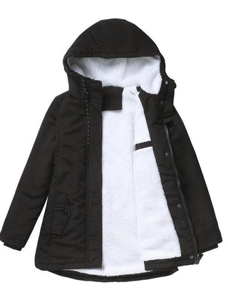 Thick winter coat with hood, black outer shell, sherpa-lined front with zipper