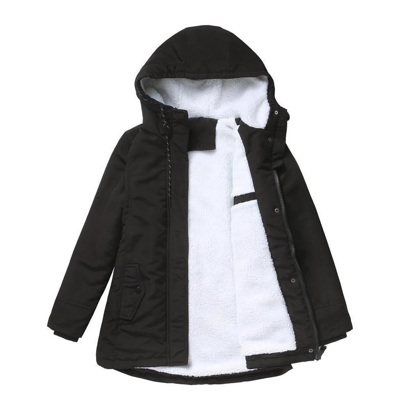 Thick winter coat with hood, black outer shell, sherpa-lined front with zipper
