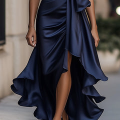 Navy satin wrap maxi dress with draped waist tie and layered ruffle skirt
