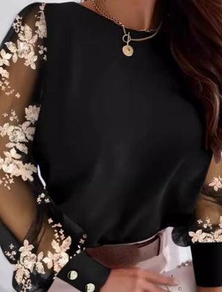 Glamorous mesh sleeve top in black with gold floral sheer sleeves and button cuffs
