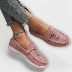 Women's suede loafers, dusty rose with bow and horsebit ornament