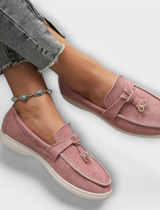 Women's suede loafers, dusty rose with bow and horsebit ornament