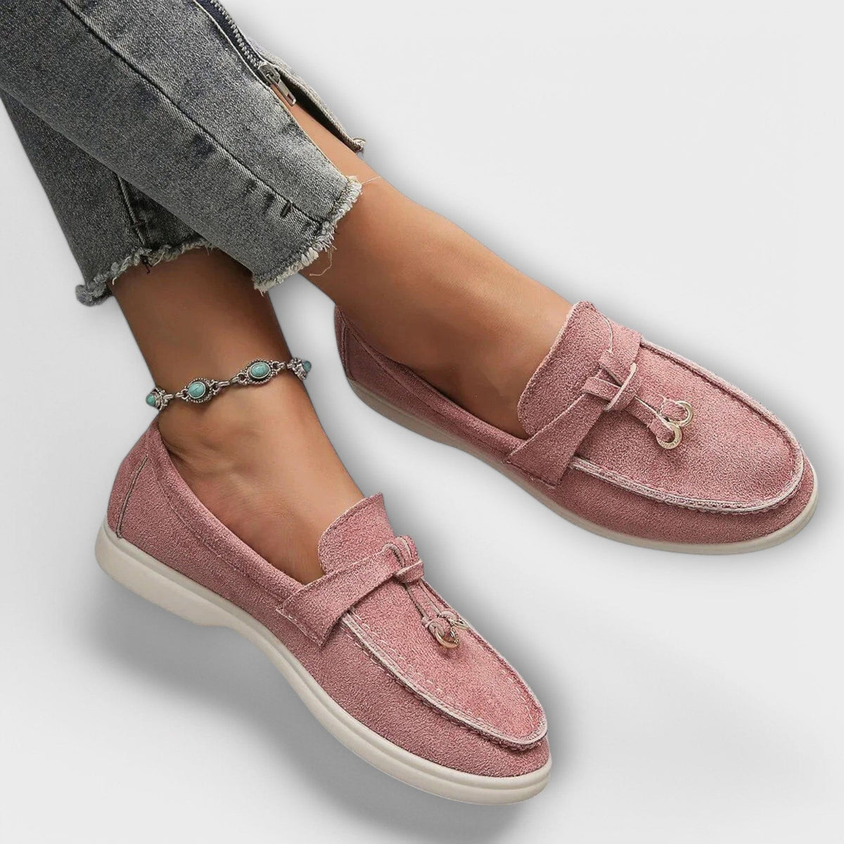 Women's suede loafers, dusty rose with bow and horsebit ornament