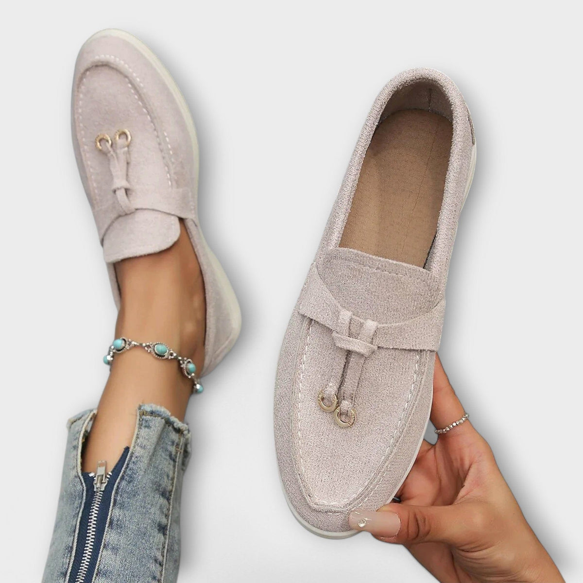 Women's suede loafers, light taupe with bow and horsebit ornament