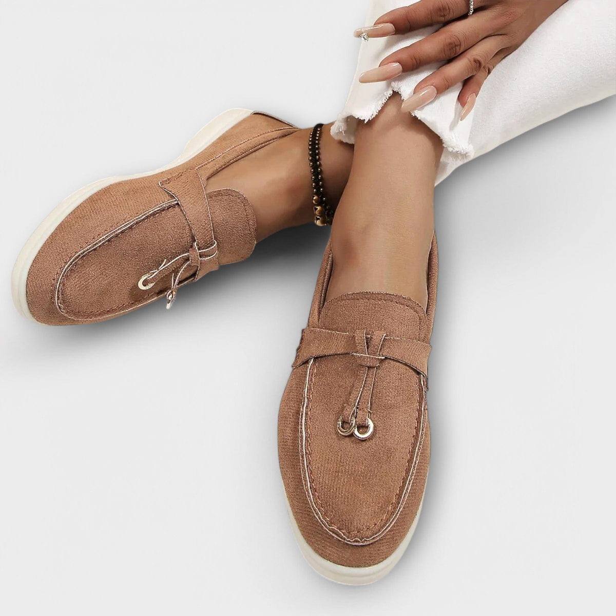 Women's suede loafers, tan brown with bow and horsebit ornament