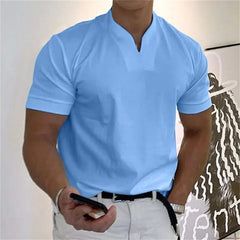 Men's short-sleeve V-neck fitness tee in light blue, with front button placket