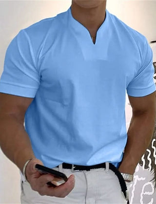Men's short-sleeve V-neck fitness tee in light blue, with front button placket