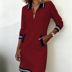 Red long-sleeve dress with quarter-zip, contrast collar, striped cuffs, straight hem