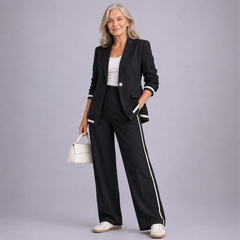 Black casual suit set with blazer and matching wide-leg trousers, side stripe trim.