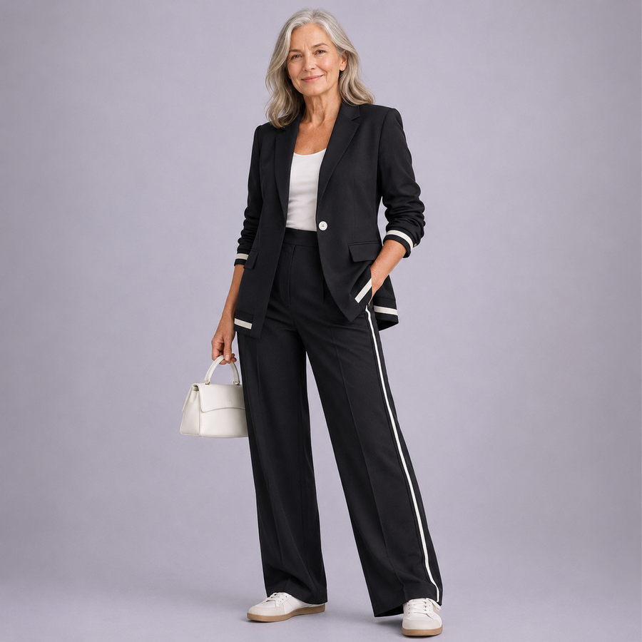 Black casual suit set with blazer and matching wide-leg trousers, side stripe trim.