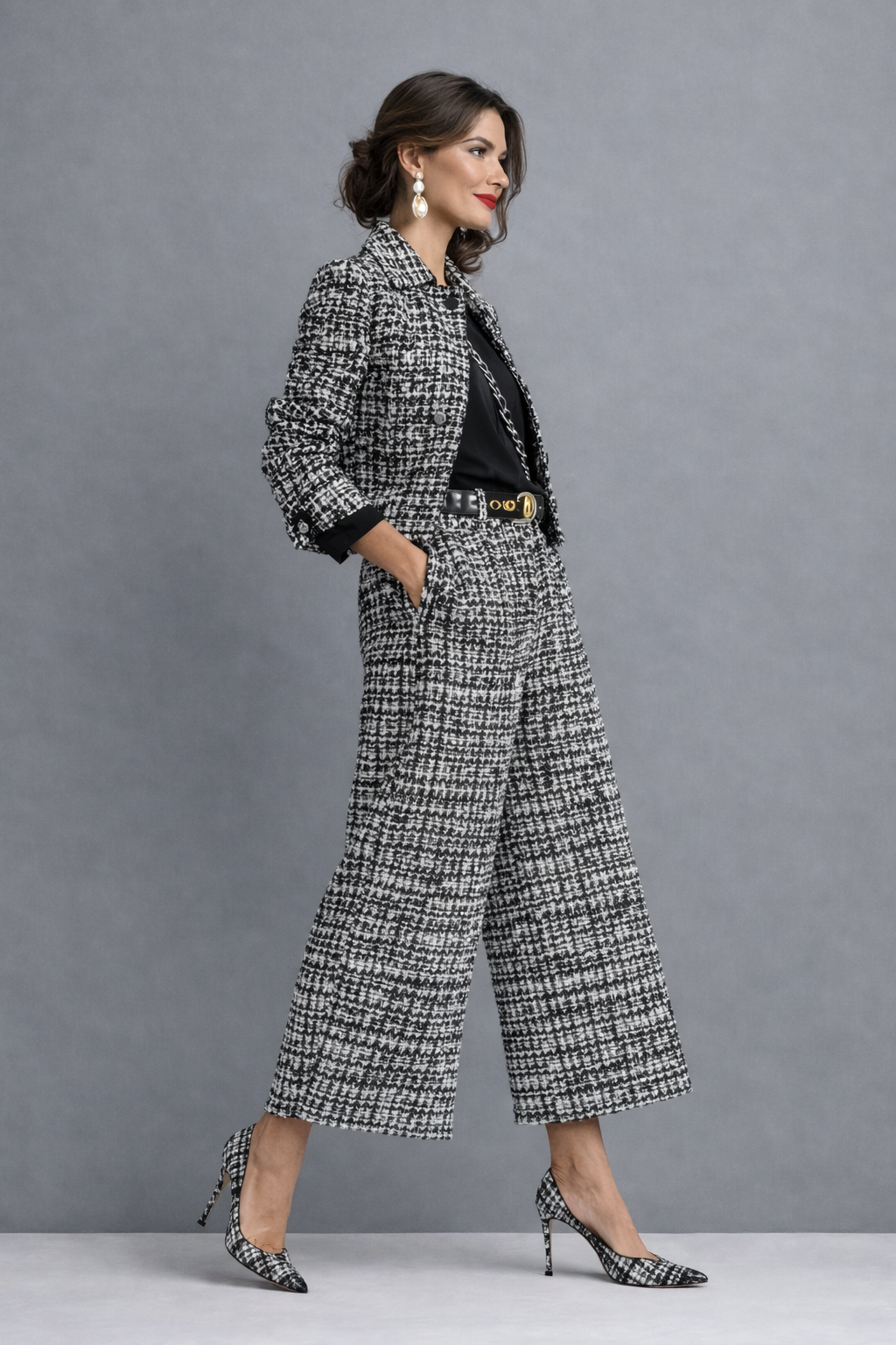 Black-and-white tweed blazer and wide-leg trousers set with gold buckle belt