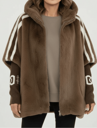 Brown hooded faux-fur jacket with striped sleeves, ribbed cuffs, and front zipper