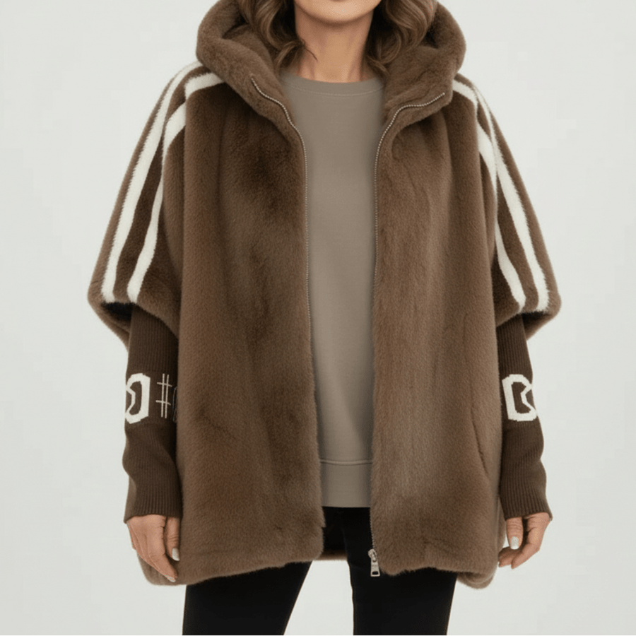 Brown hooded faux-fur jacket with striped sleeves, ribbed cuffs, and front zipper