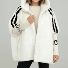 White hooded faux-fur jacket with black stripe accents and front zipper
