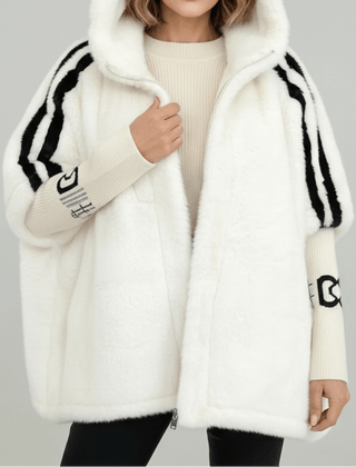 White hooded faux-fur jacket with black stripe accents and front zipper