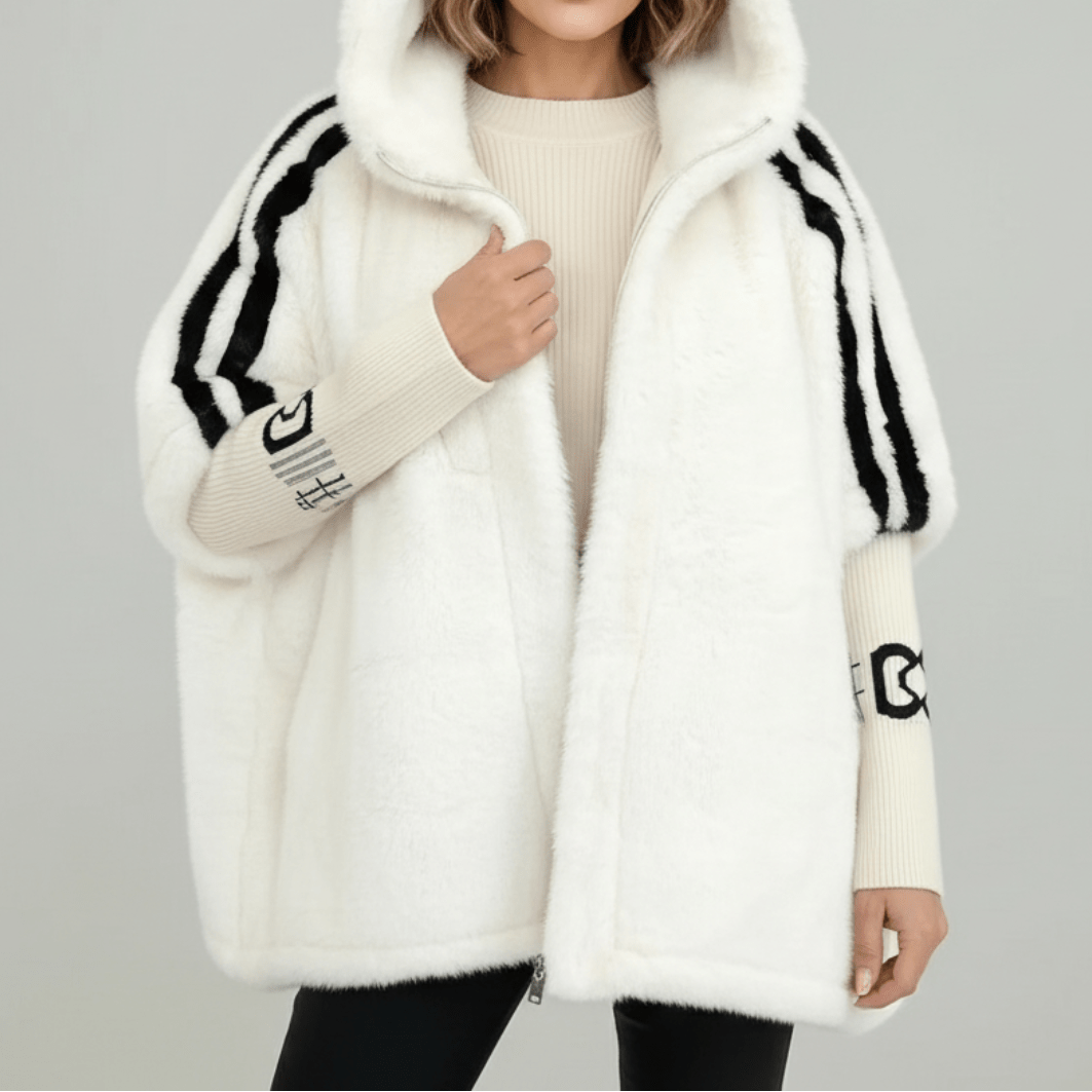 White hooded faux-fur jacket with black stripe accents and front zipper