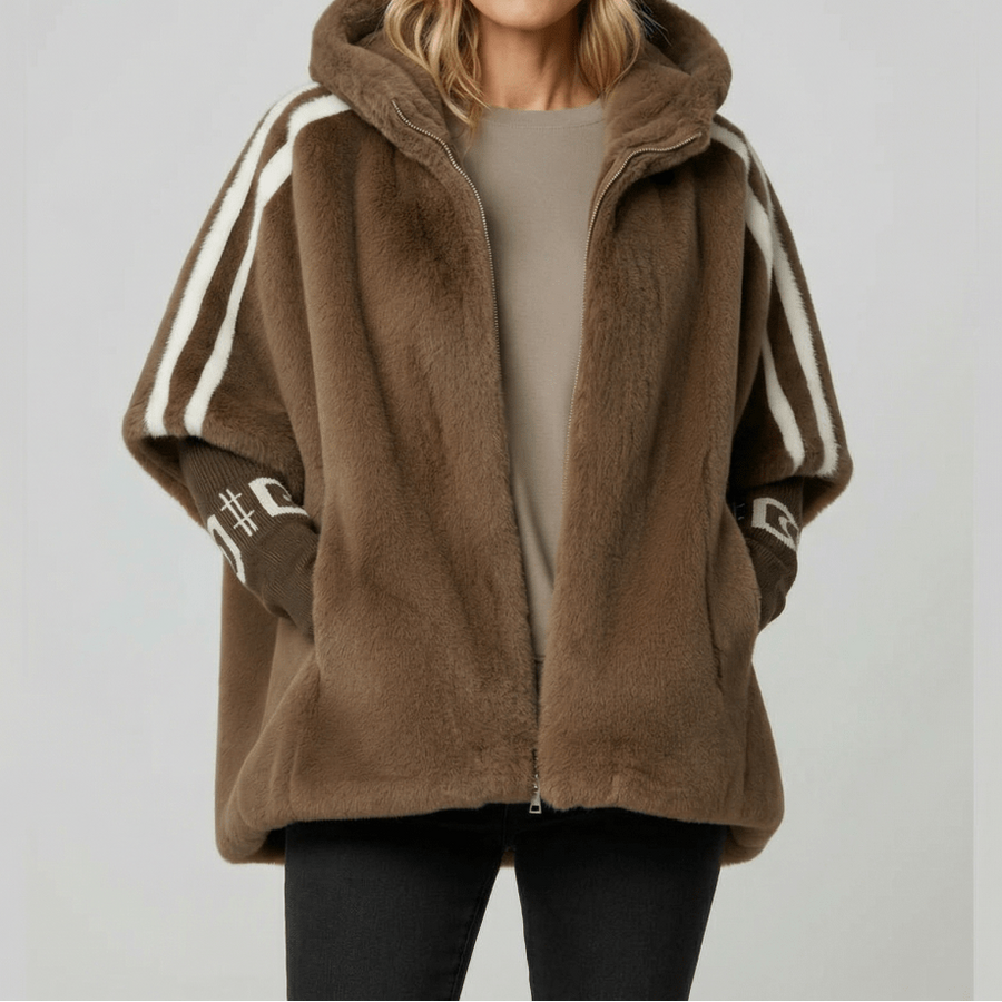 Brown hooded faux-fur jacket with white stripe sleeves and front zipper