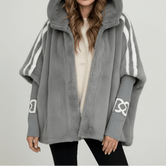 Gray hooded faux-fur jacket with white stripe sleeves and front zipper