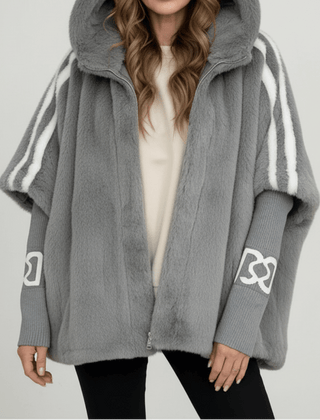 Gray hooded faux-fur jacket with white stripe sleeves and front zipper