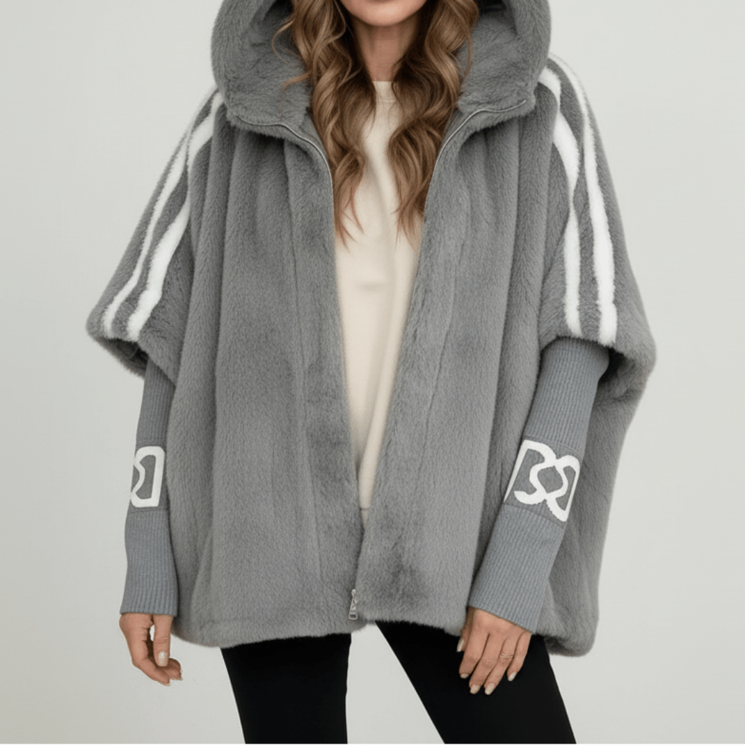 Gray hooded faux-fur jacket with white stripe sleeves and front zipper