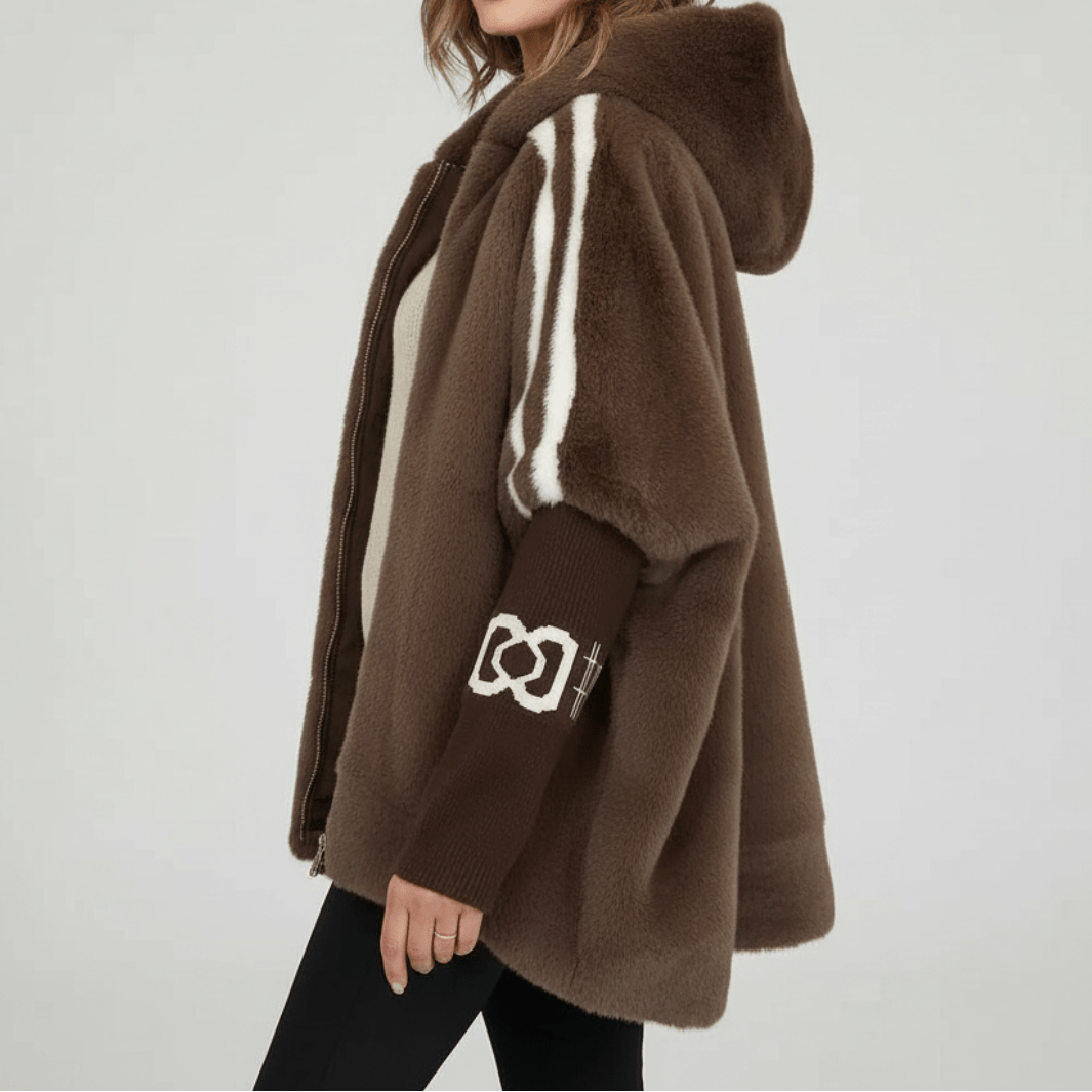 Brown hooded faux-fur jacket with white stripe trim and logo patch on sleeve