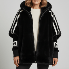 Black hooded faux-fur jacket with white stripe accents and front zipper