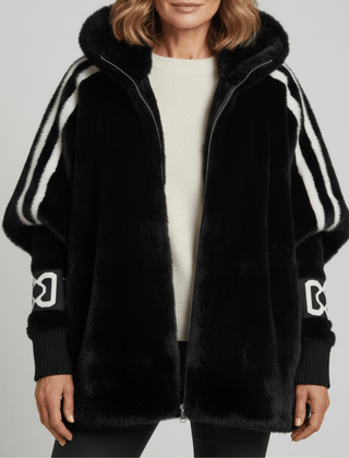 Black hooded faux-fur jacket with white stripe accents and front zipper