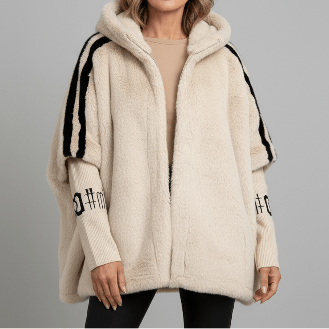 Cream hooded faux-fur jacket with black-and-white stripe sleeves and front zipper