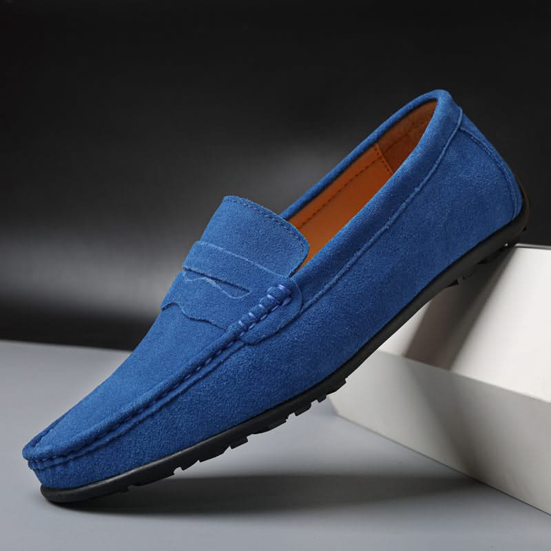 Suede loafers in aqua blue with slip-on strap detail and textured sole