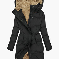 Women’s black thermal-lined winter coat with hood, faux-fur lining, front zip