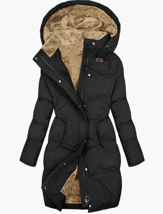 Women’s black thermal-lined winter coat with hood, faux-fur lining, front zip